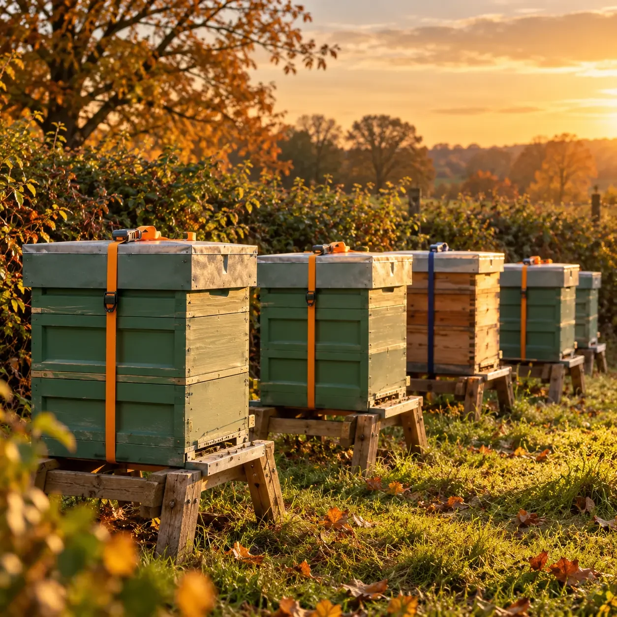 Golden-hour autumn apiary with wooden beehives secured by straps