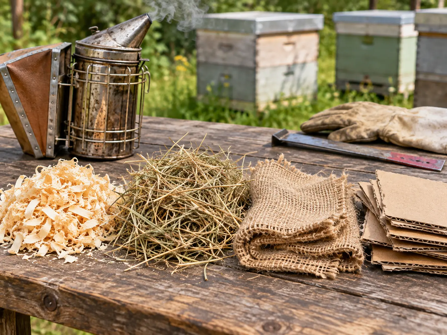 Untreated pale wood shavings, dried grass, natural hessian cloth and plain cardboard displayed on a wooden apiary workbench