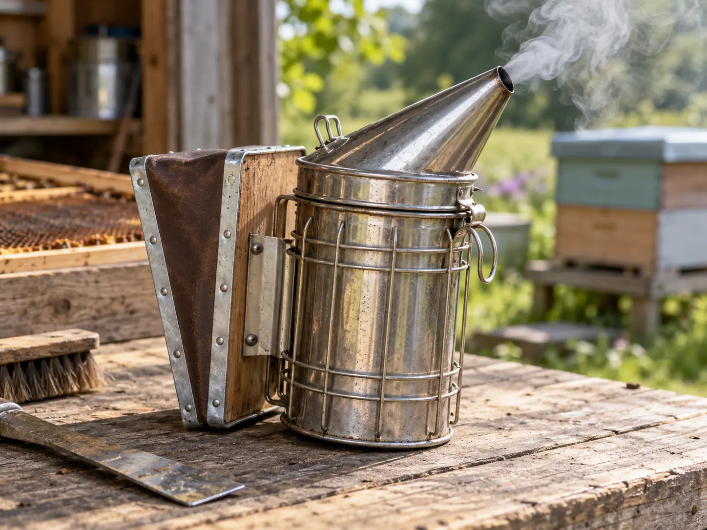 Stainless-steel beekeeping smoker with wooden and leather bellows releasing a gentle plume of smoke on a workbench in a UK apiary