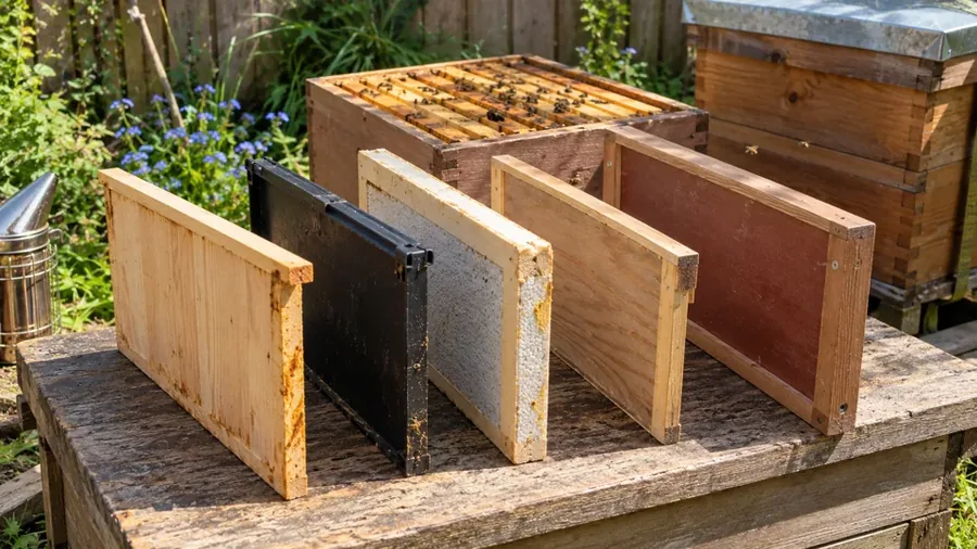 Several different wooden, black plastic and insulated beehive boards arranged beside a British National hive