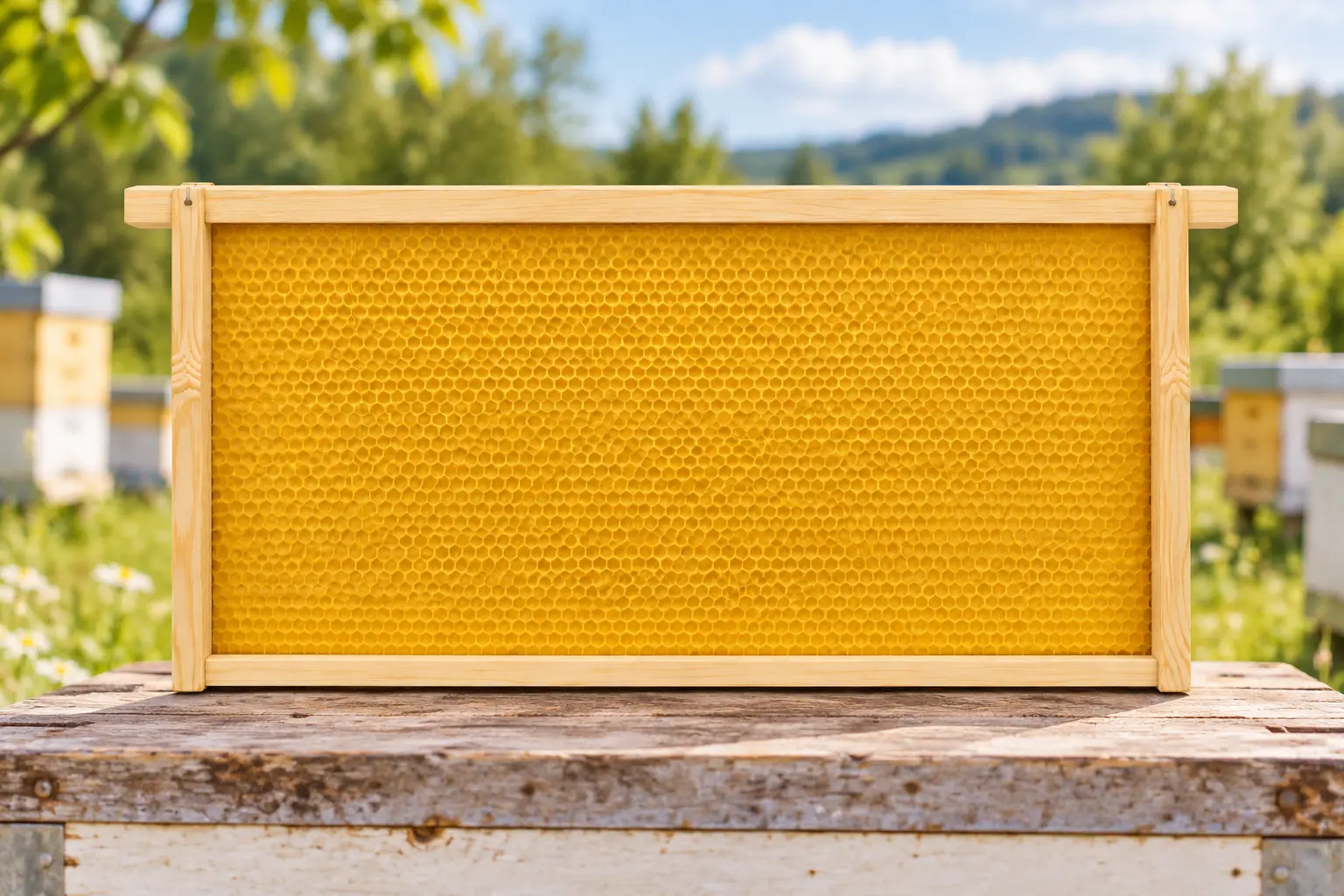 Wooden beehive frame fitted with beeswax foundation in an apiary