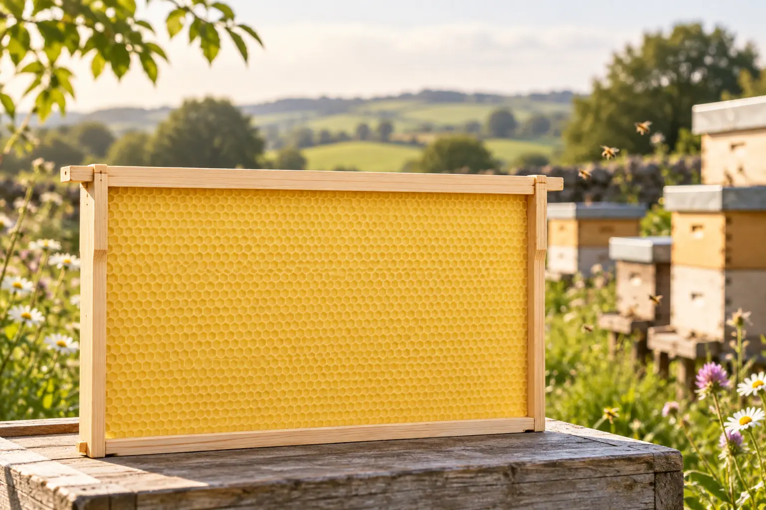 Wooden beehive frame fitted with fresh beeswax foundation in a UK apiary
