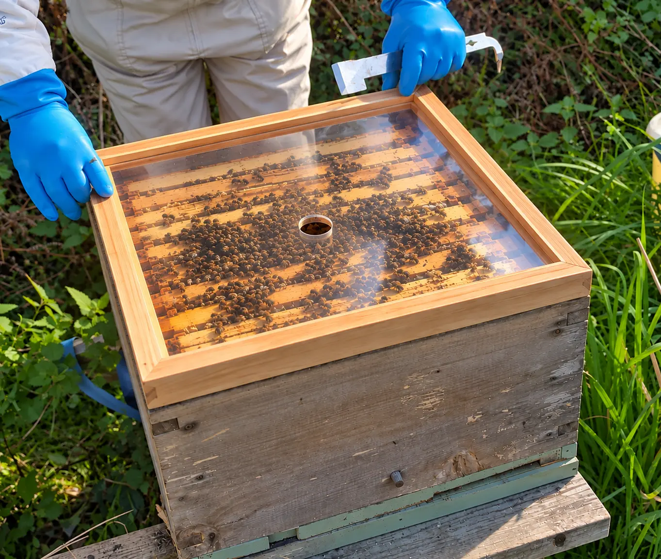 Illustrative timber framed transparent hive crown board with a central access fitting