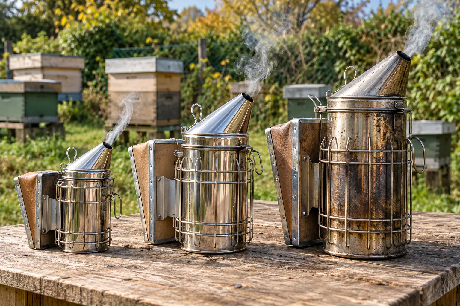 Three conventional beekeeping smokers in compact, medium and large sizes arranged on a wooden workbench beside a UK apiary