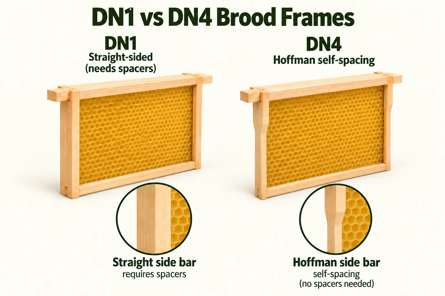 Comparison of DN1 straight-sided brood frames and DN4 Hoffman self-spacing brood frames