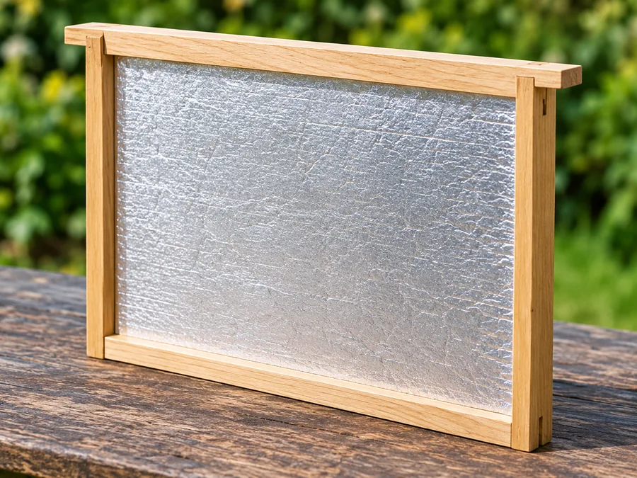Foil-faced insulated hive board in a wooden frame