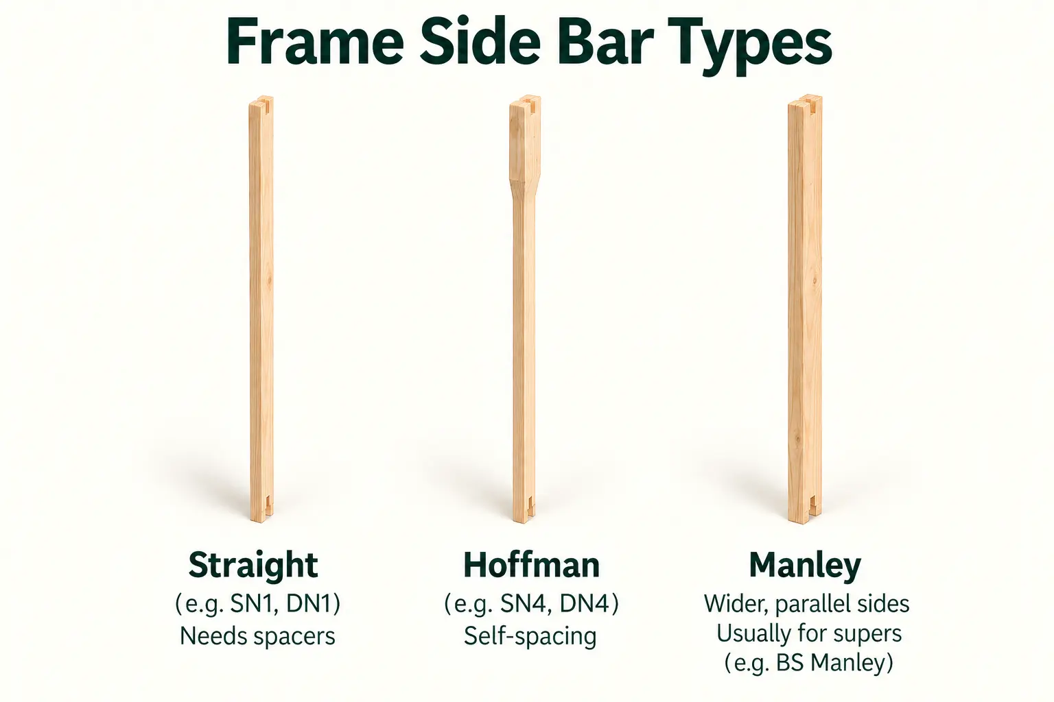 Comparison of straight, Hoffman and Manley beehive frame side bars
