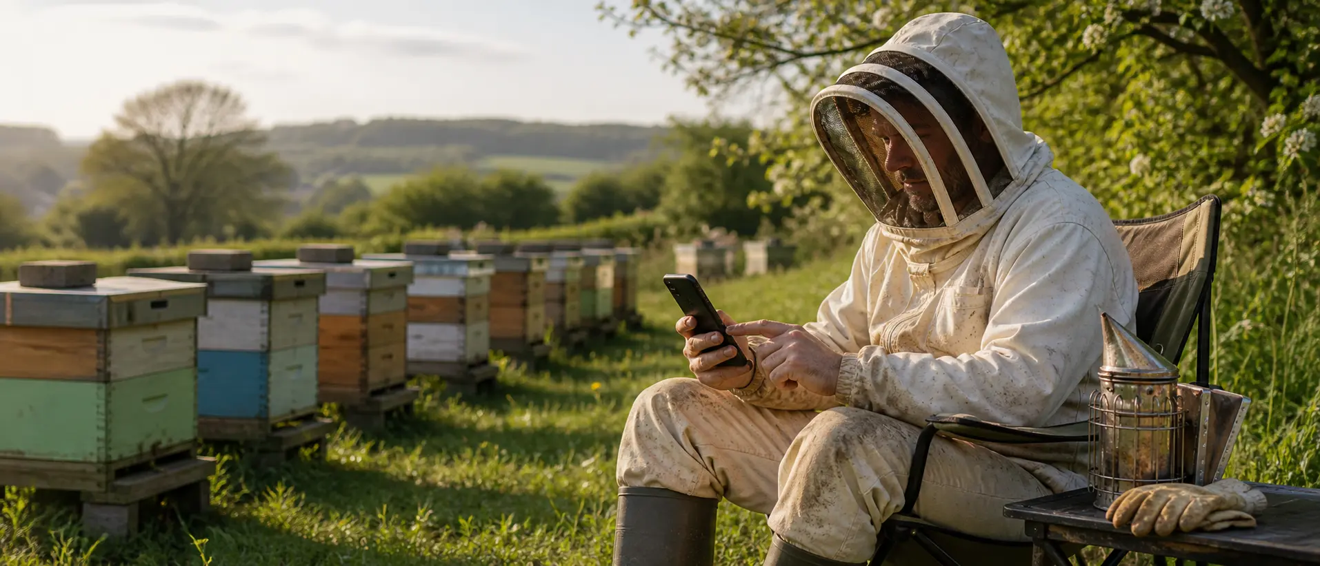 Beekeeper using a smartphone in an apiary to record hive inspections