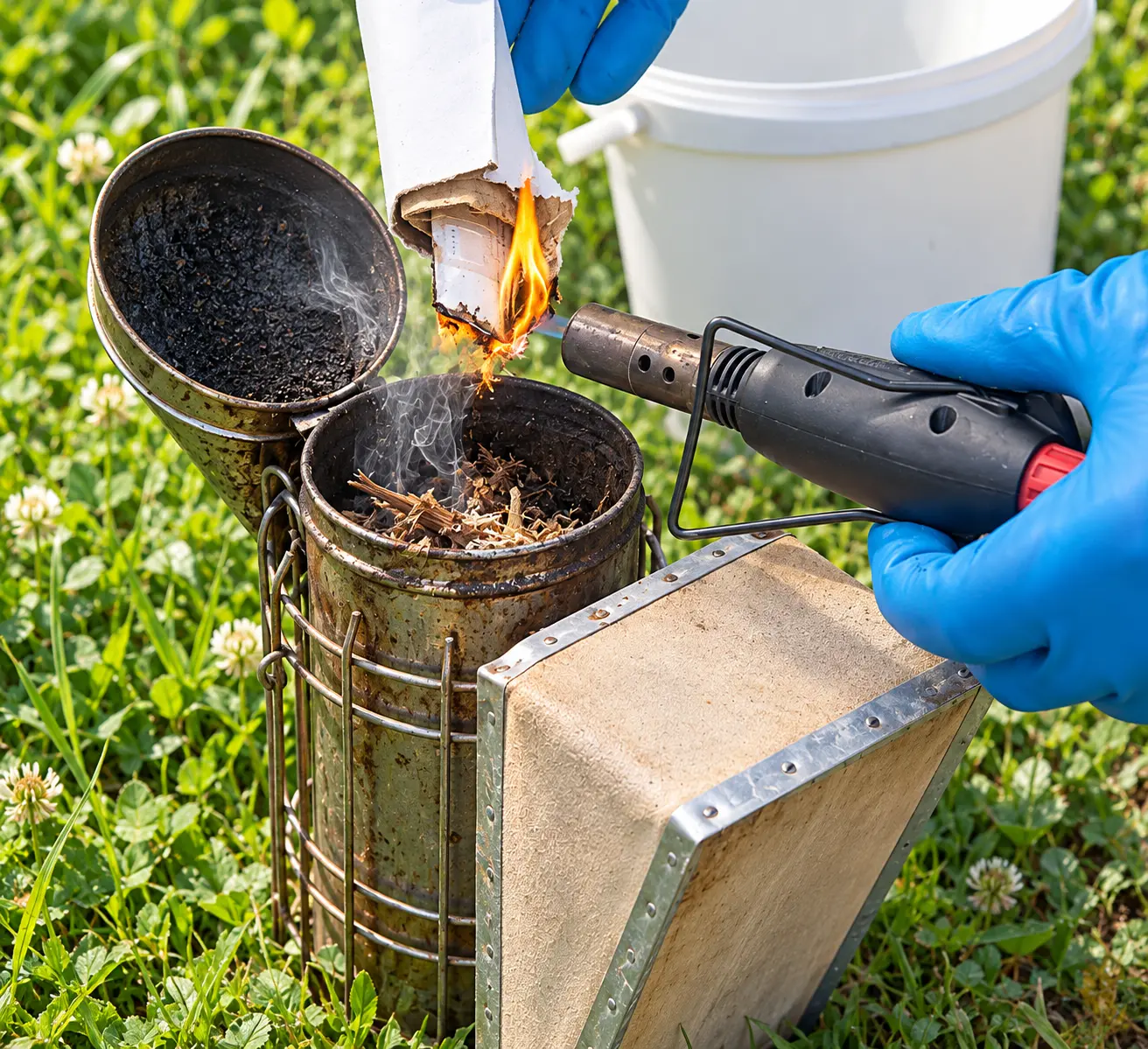 Blue-gloved beekeeper igniting smoker starter material with a handheld gas lighter beside an open traditional bellows smoker