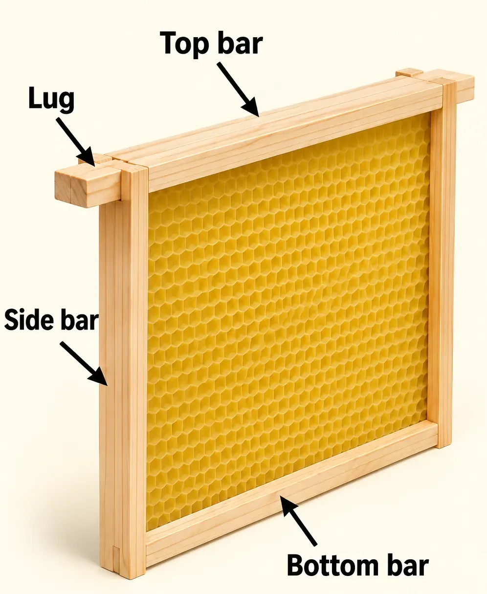 Parts of a British beehive frame showing the top bar, lug, side bar and bottom bar