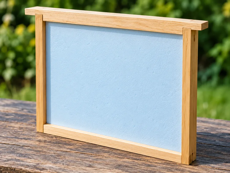 Rigid foam hive divider mounted within a wooden frame
