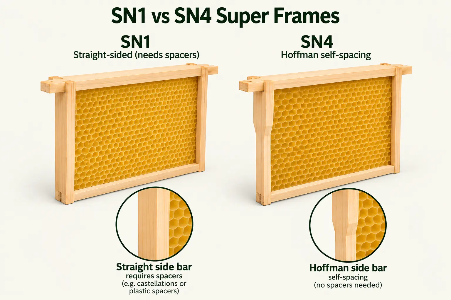 Comparison of SN1 straight-sided super frames and SN4 Hoffman self-spacing super frames
