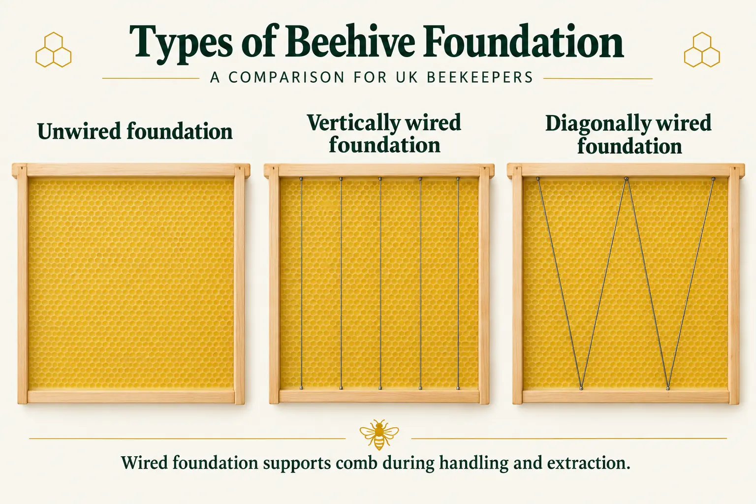Comparison of unwired, vertically wired and diagonally wired beeswax foundation