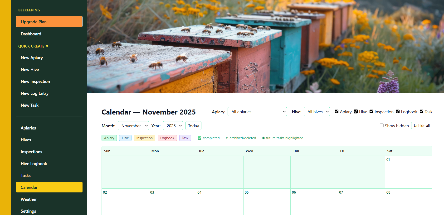 HiveTag beekeeping app dashboard showing hive and apiary records
