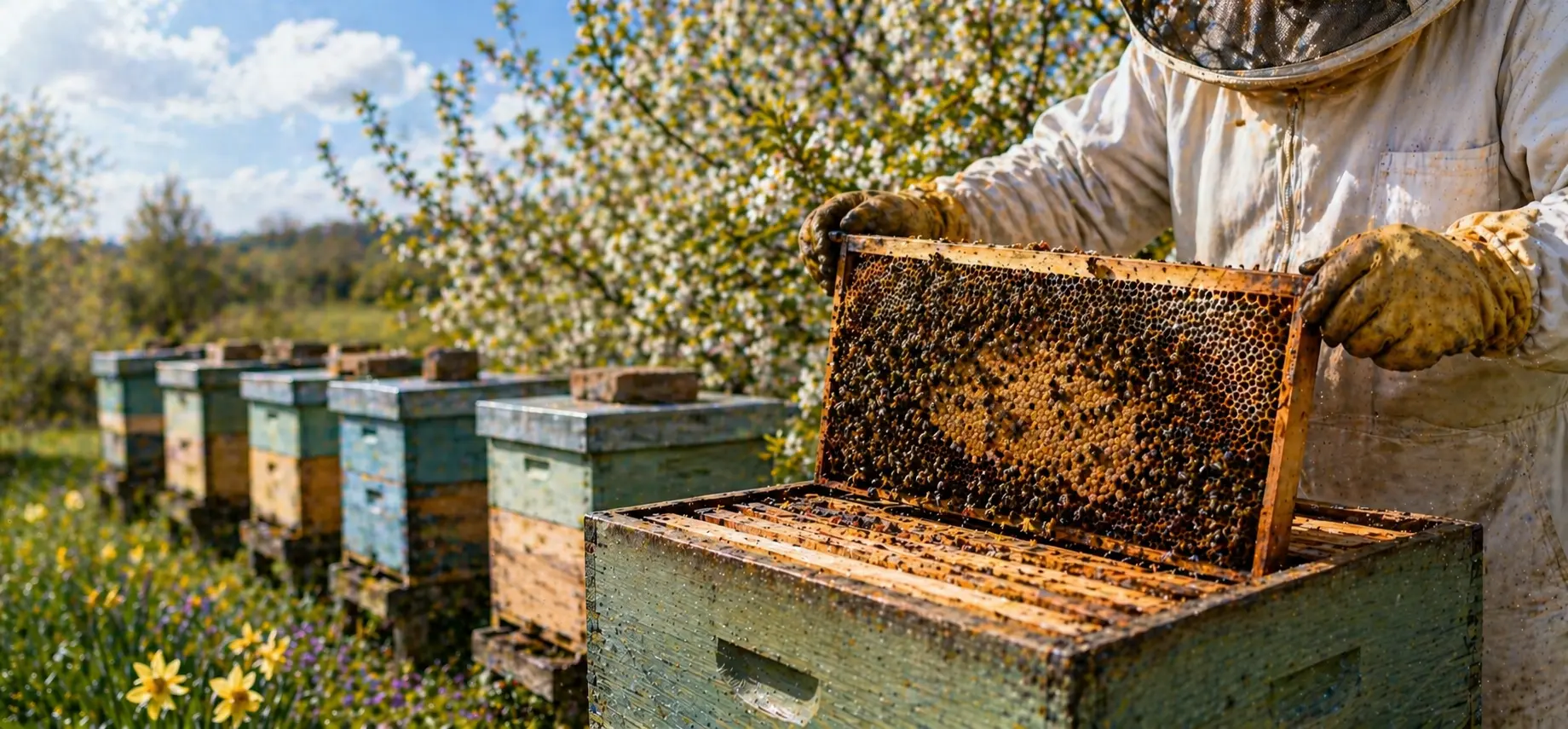 UK beekeeping scene with active hives and seasonal forage