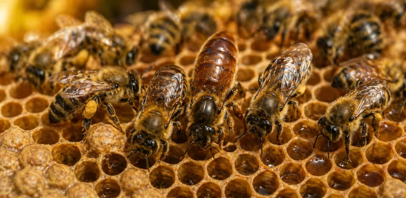 Close-up of honeybees on honeycomb showing worker bees and a queen on a brood frame