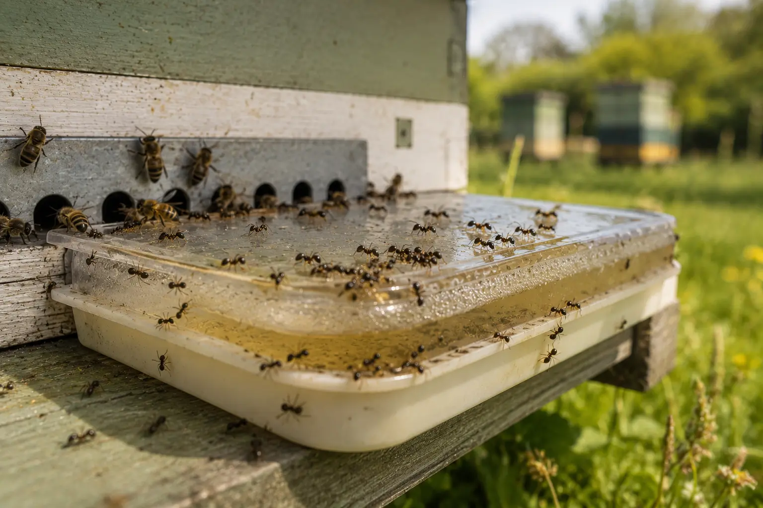 Ants gathering near a bee feeder where syrup has been spilled