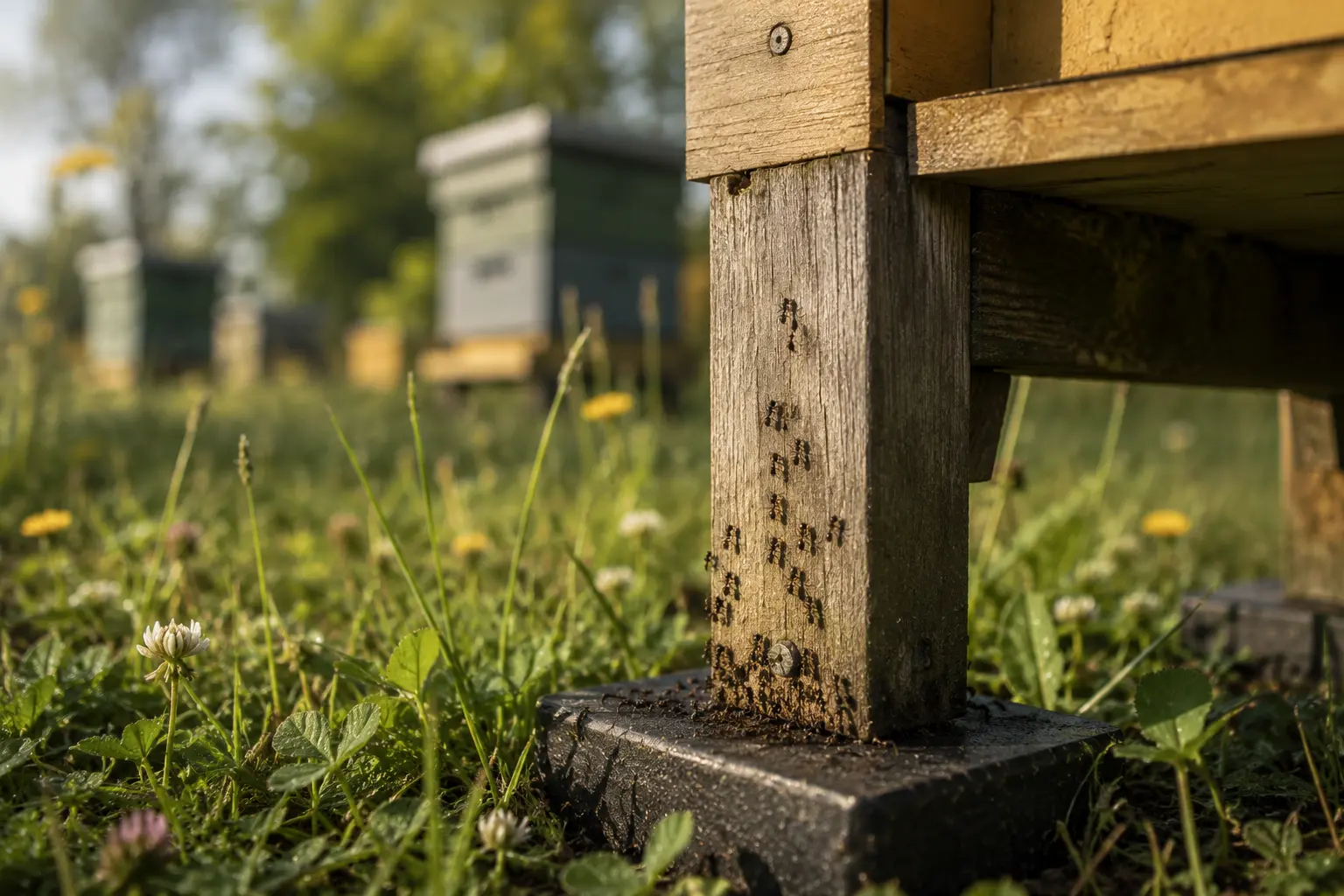 Ants climbing a wooden beehive stand near a hive entrance
