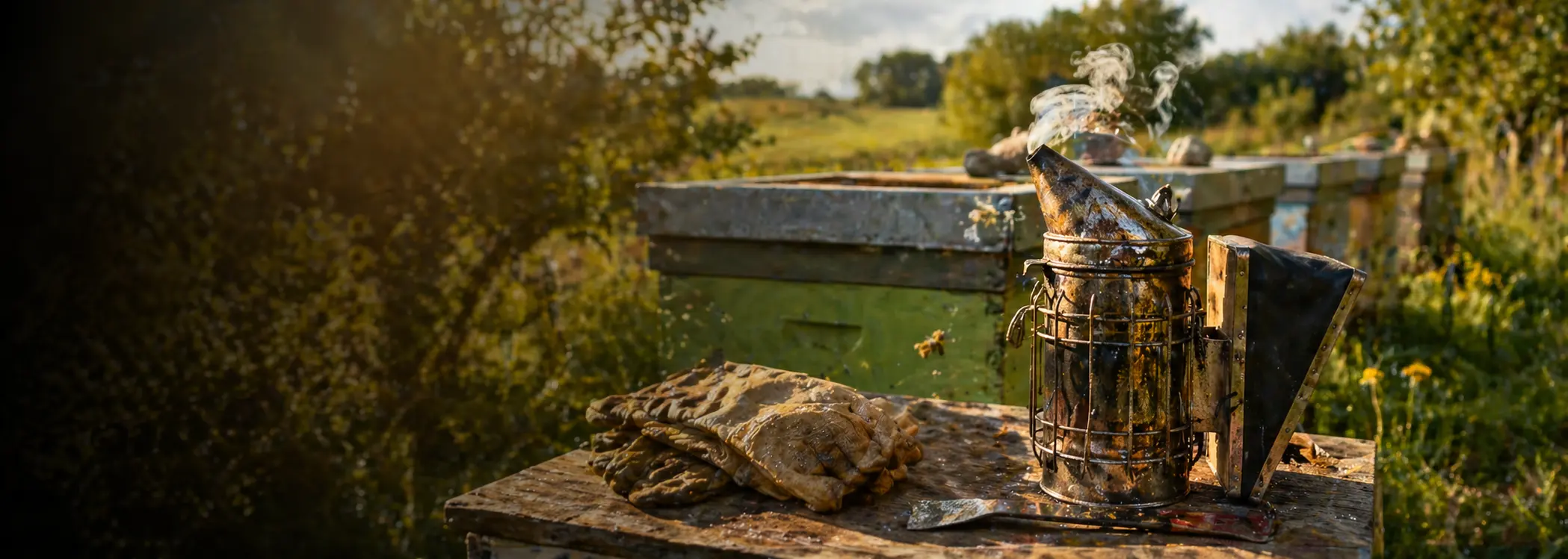 Beekeeping smoker, gloves and hive tool beside hives in a UK apiary, representing apiary safety and risk assessment