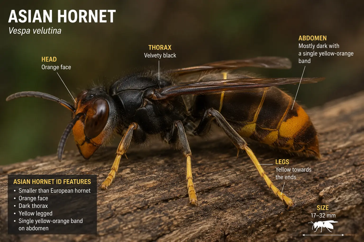 Asian hornet showing dark body orange abdominal band and yellow leg tips