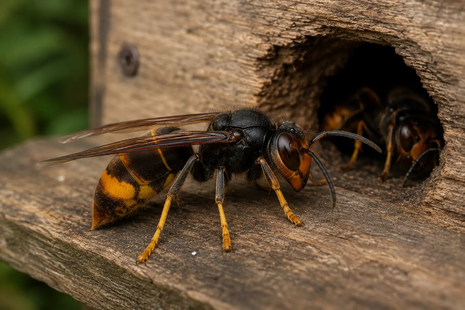 Asian hornet with dark body orange band and yellow leg tips near a beehive