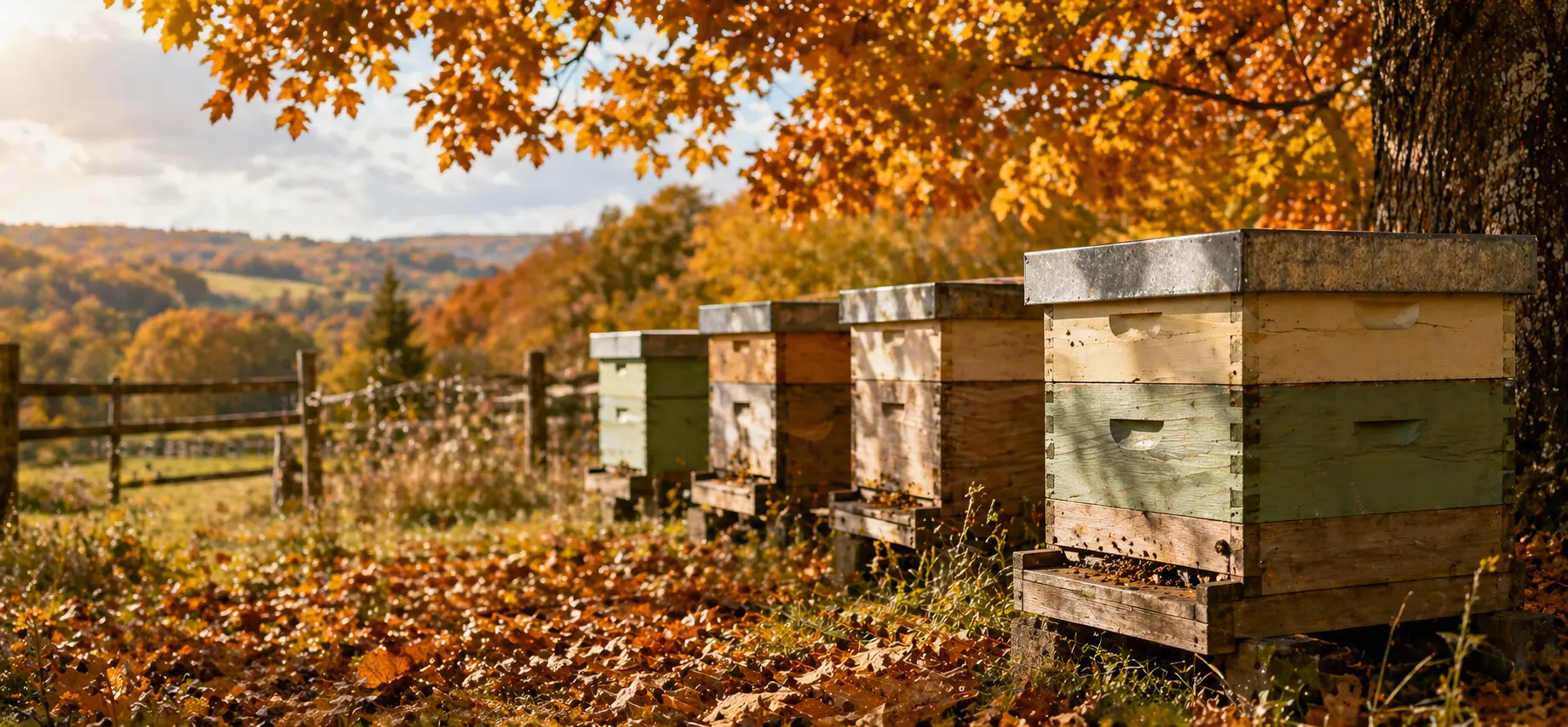 Autumn UK apiary with beehives surrounded by golden and brown leaves