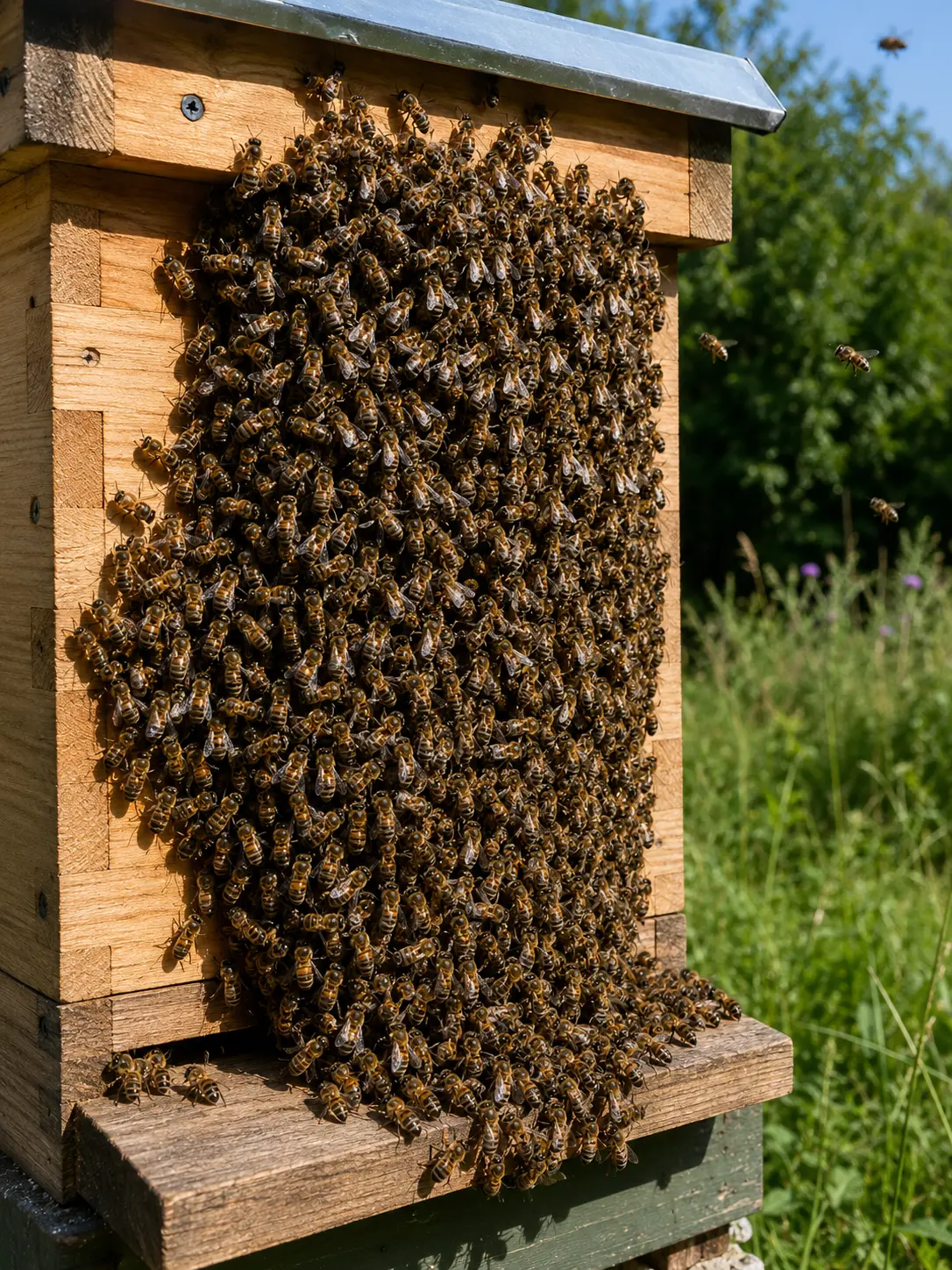 Honey bees bearding on the front of a beehive during warm weather