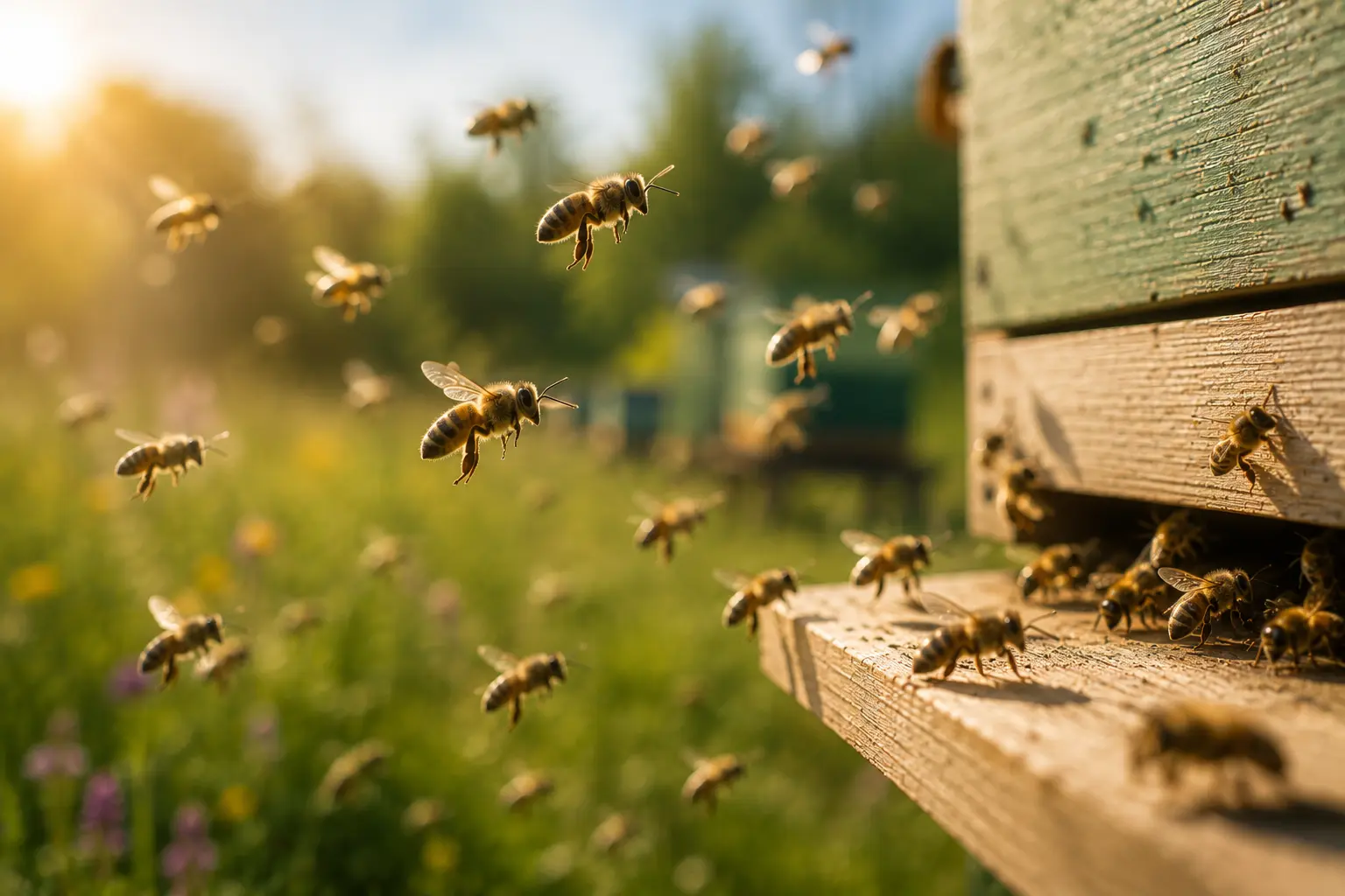 Young honey bees flying in front of a hive entrance during orientation flights