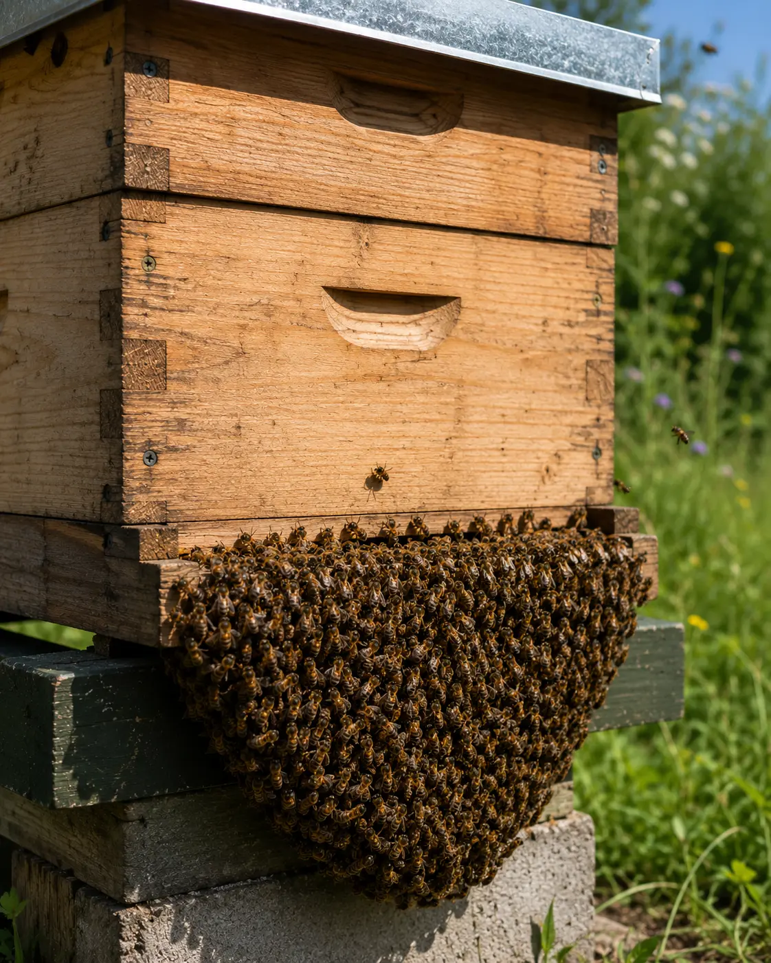 Honey bees clustered on the front of a hive in a beard shape