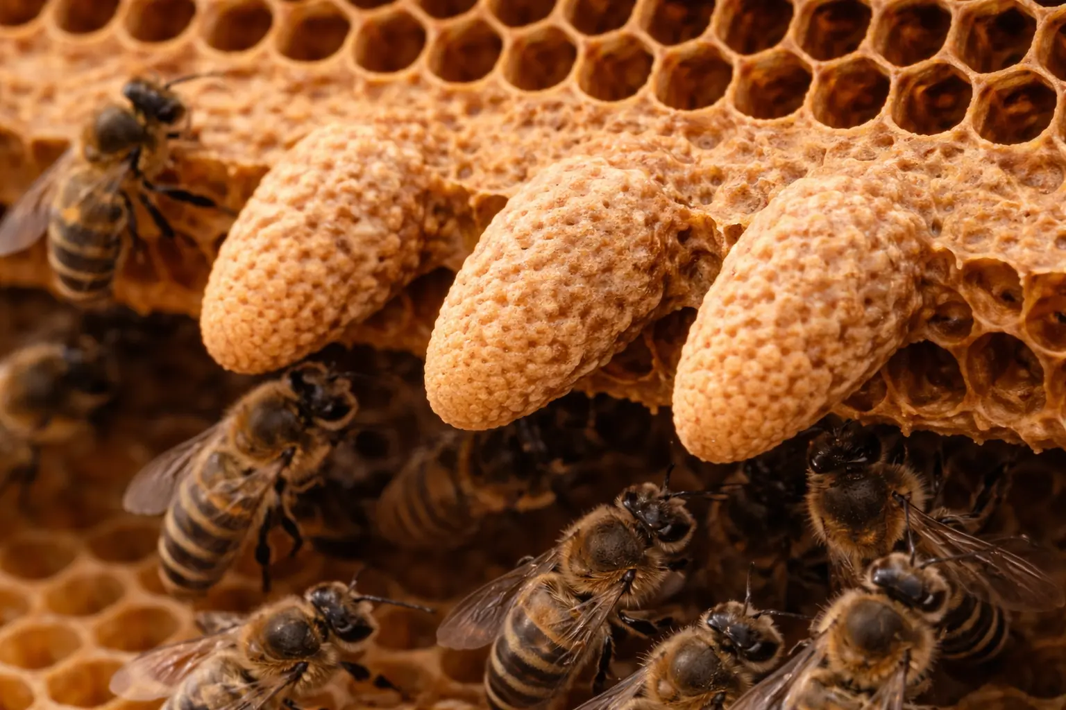 Emergency queen cell being raised from worker comb in a UK honey bee colony