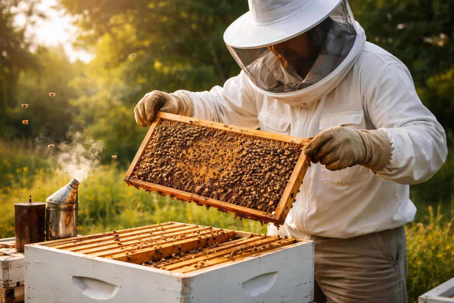 Beekeeper inspecting a newly split hive checking brood frames and bees