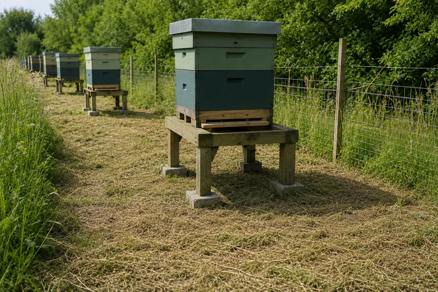 Clean apiary hive stand with grass cut back to reduce pests around the beehive