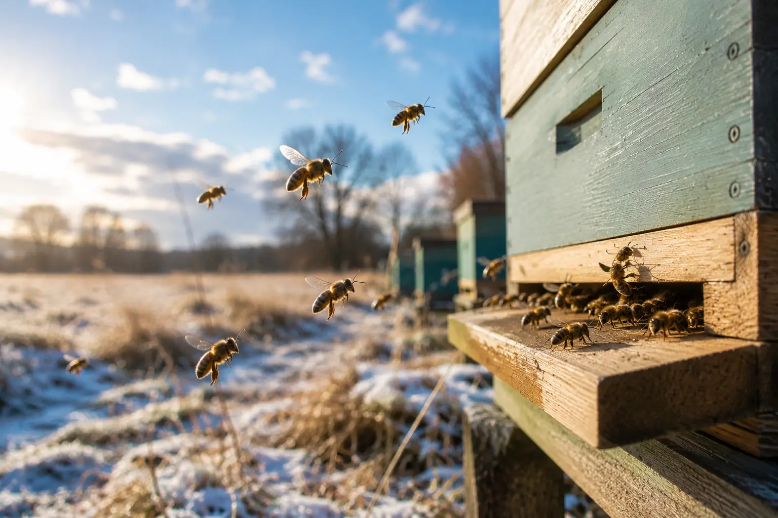 Honey bees flying briefly from a hive entrance on a mild winter day