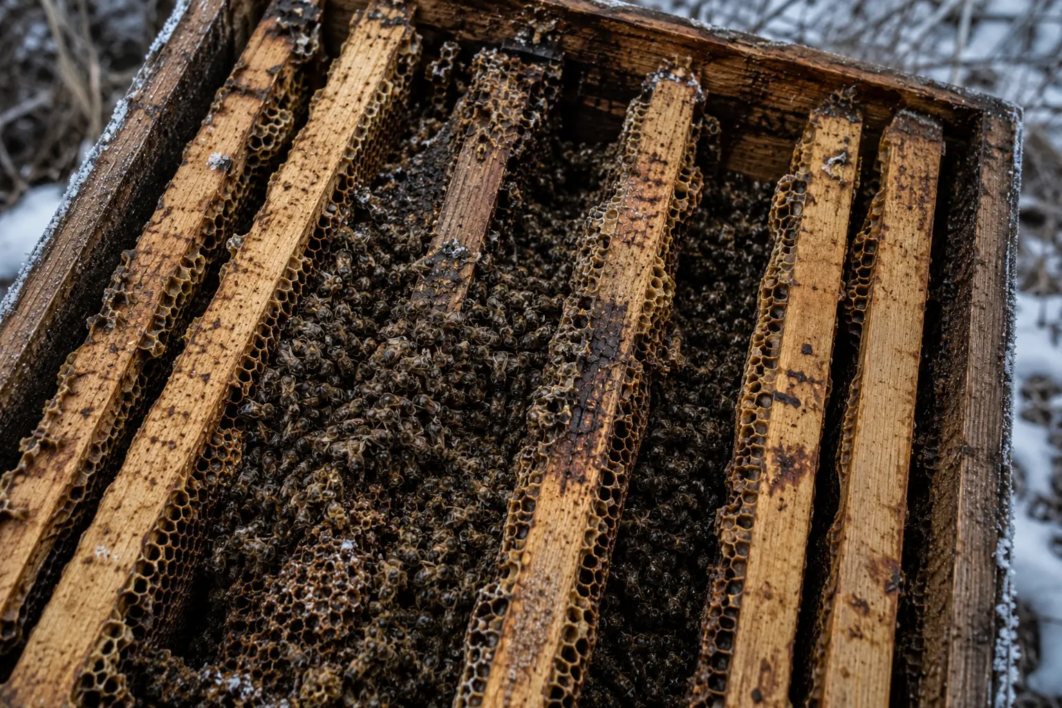 Dead honey bee colony showing post-mortem clues for varroa collapse and starvation