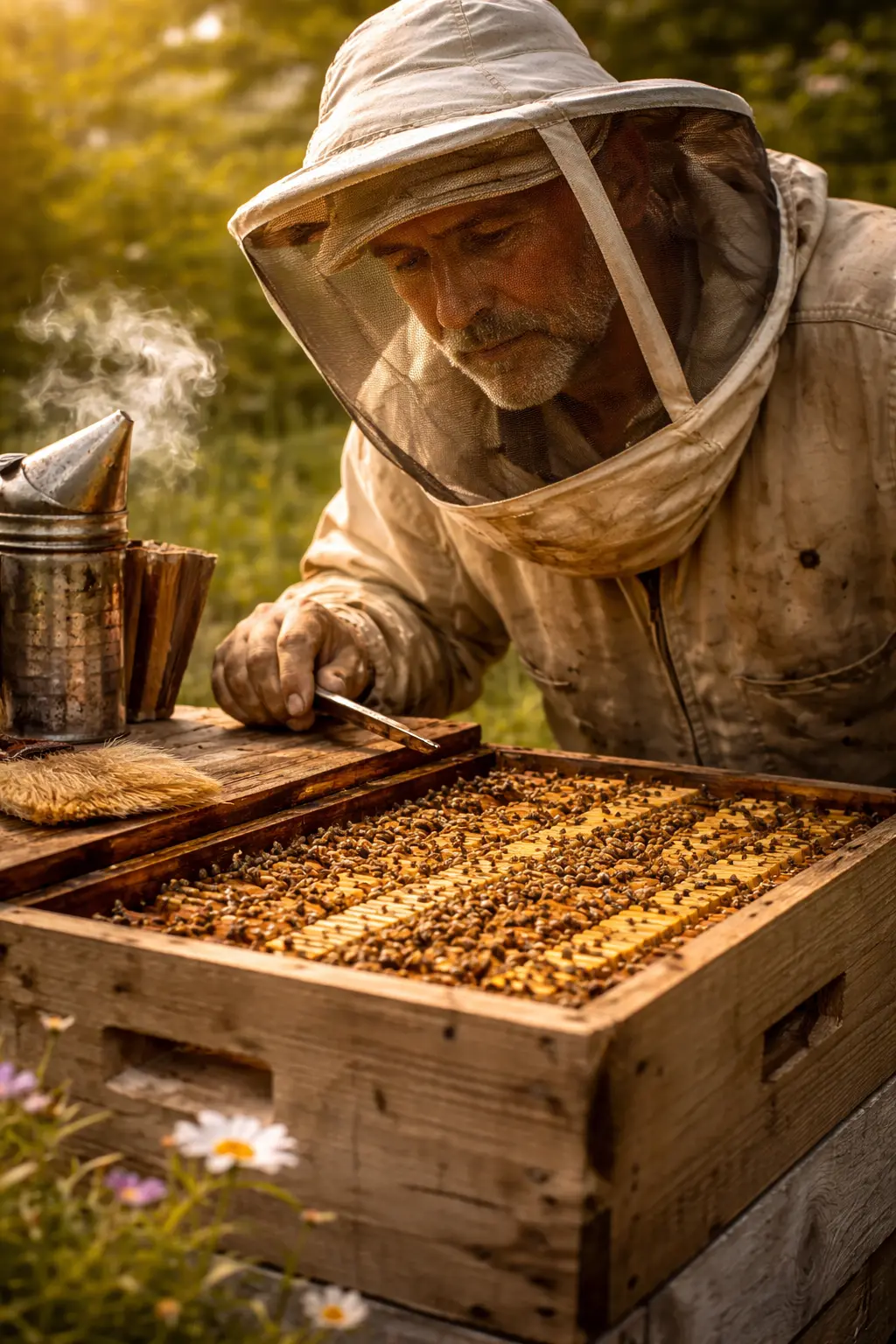 Honey bees at the hive entrance illustrating a UK colony health triage tool for beekeepers