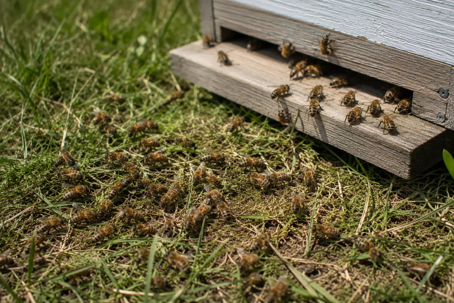 Honey bees crawling on grass near the front of a hive entrance