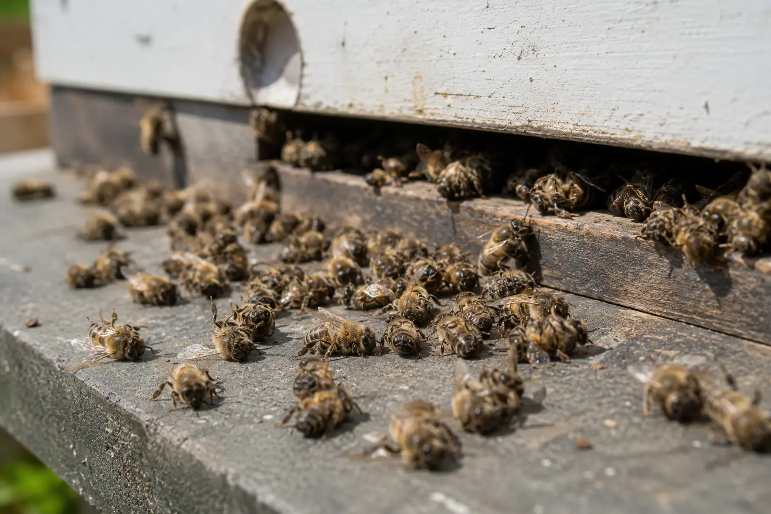 Dead honey bees at the entrance of a hive after sudden colony loss