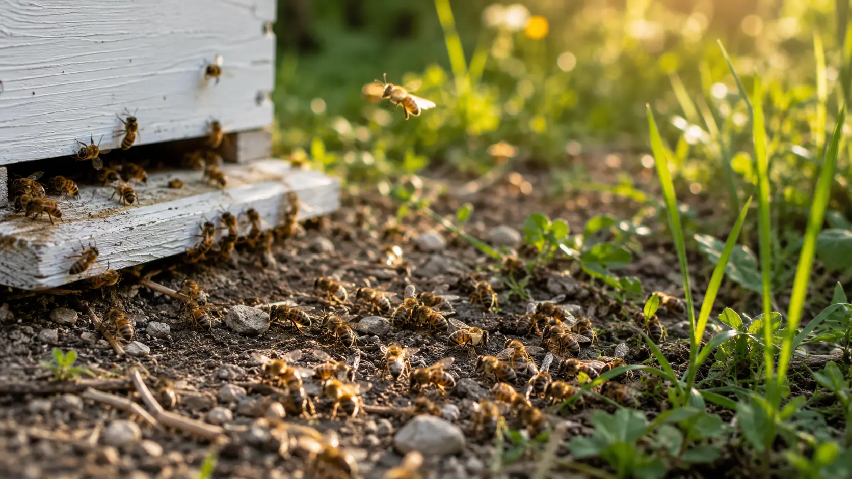 Honey bees crawling on the ground near a hive entrance