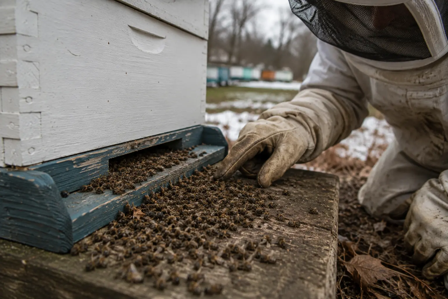 Dead honey bees outside a hive entrance being checked by a beekeeper