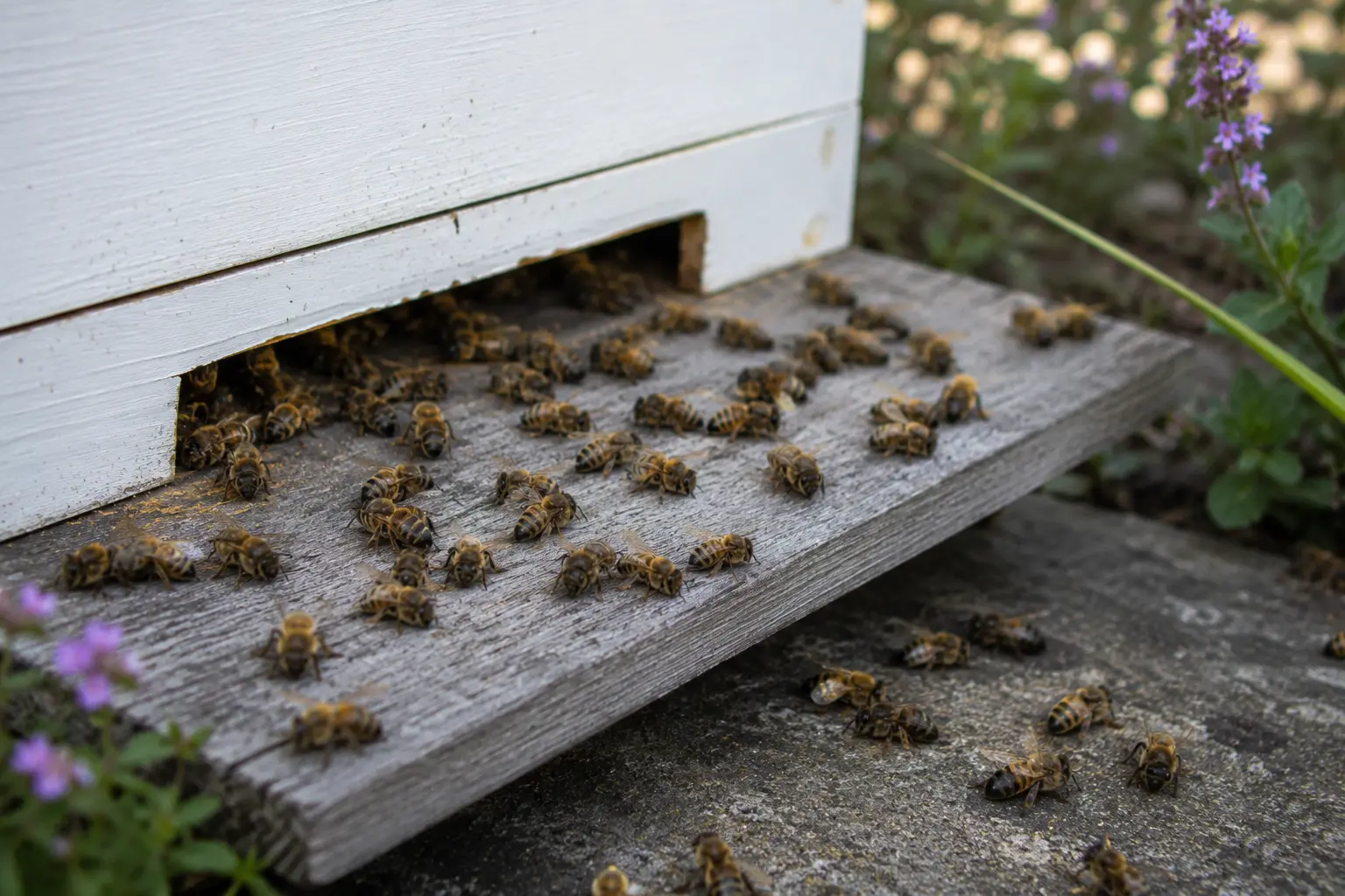 Dead honey bees outside a hive entrance where pesticide poisoning is suspected