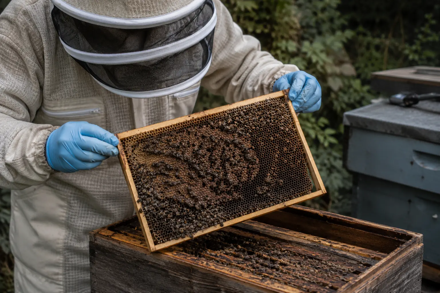 Beekeeper checking a dead colony frame during hive post-mortem inspection