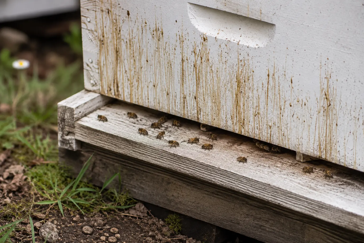 Signs of Nosema in bees showing dysentery streaks on hive