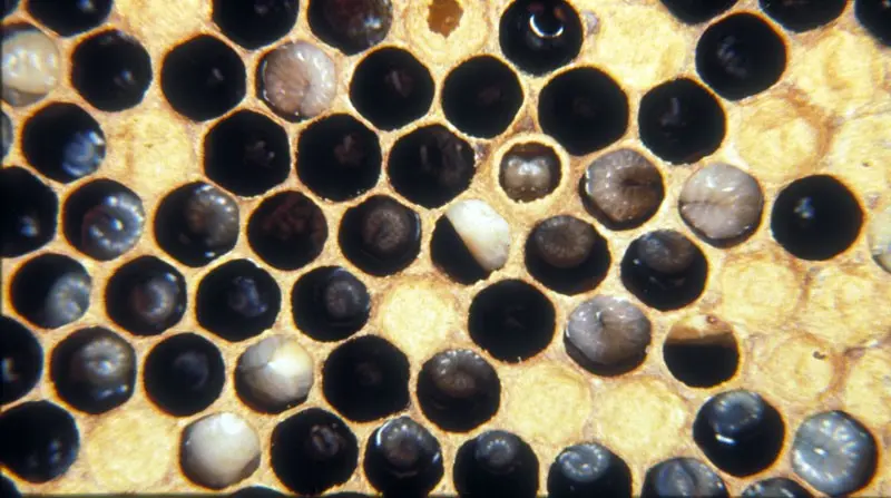 Brood frame showing possible European foulbrood symptoms with patchy brood and twisted discoloured larvae
