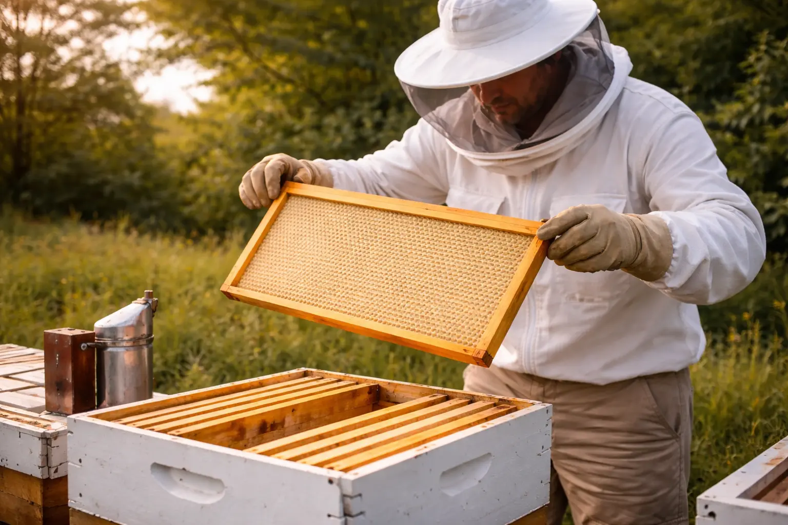 Beekeeper inspecting hive after swarm in UK with reduced bee population