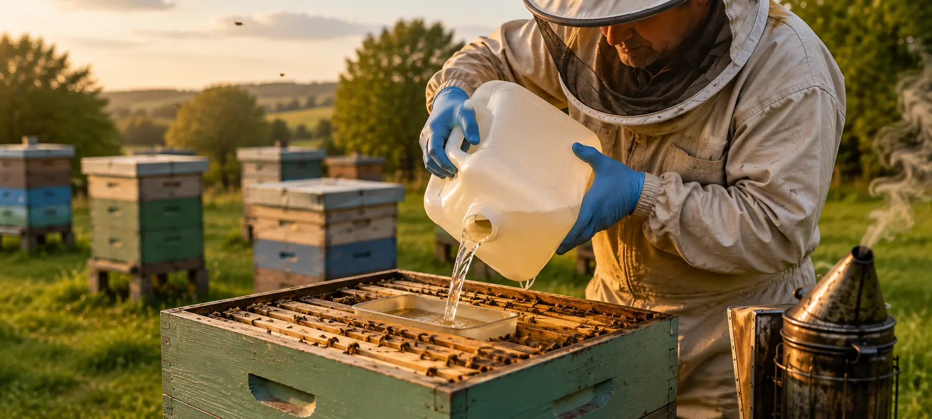 Beekeeper checking a feeder in a hive to avoid syrup and fondant feeding mistakes