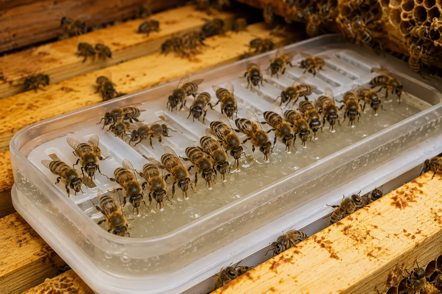 Honey bees taking syrup from a feeder inside a hive