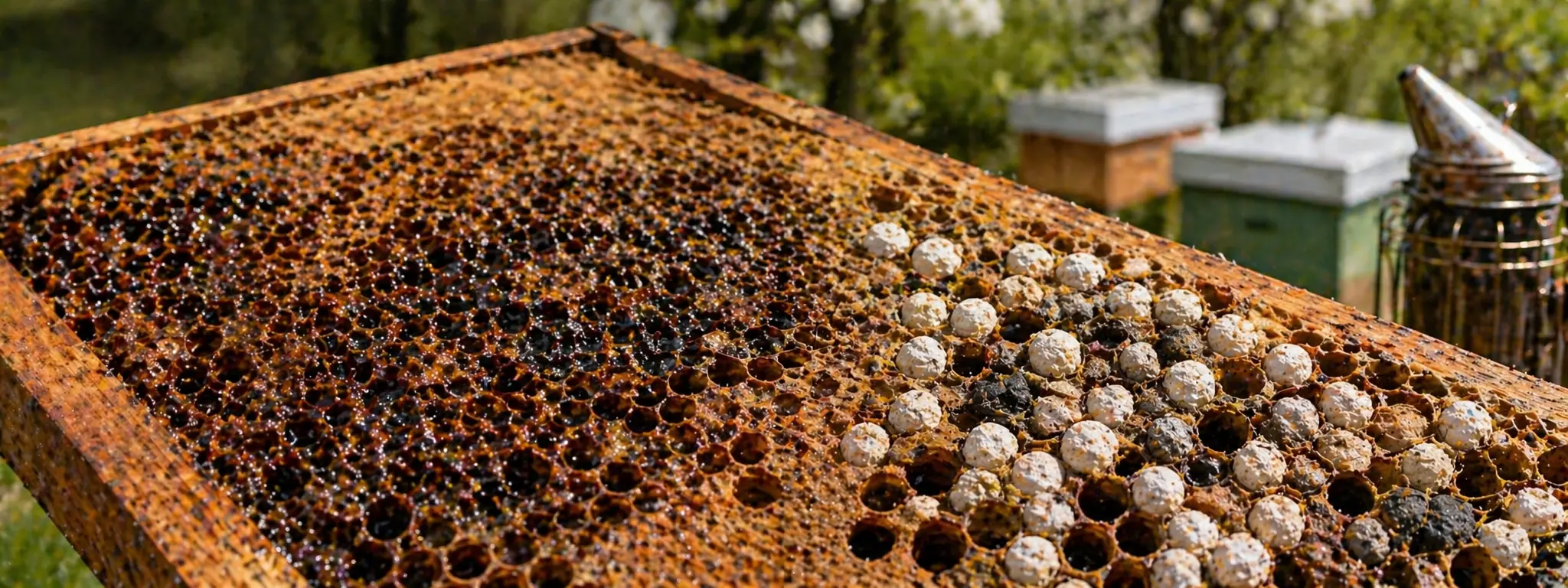 Beekeeper checking brood frames for disease signs