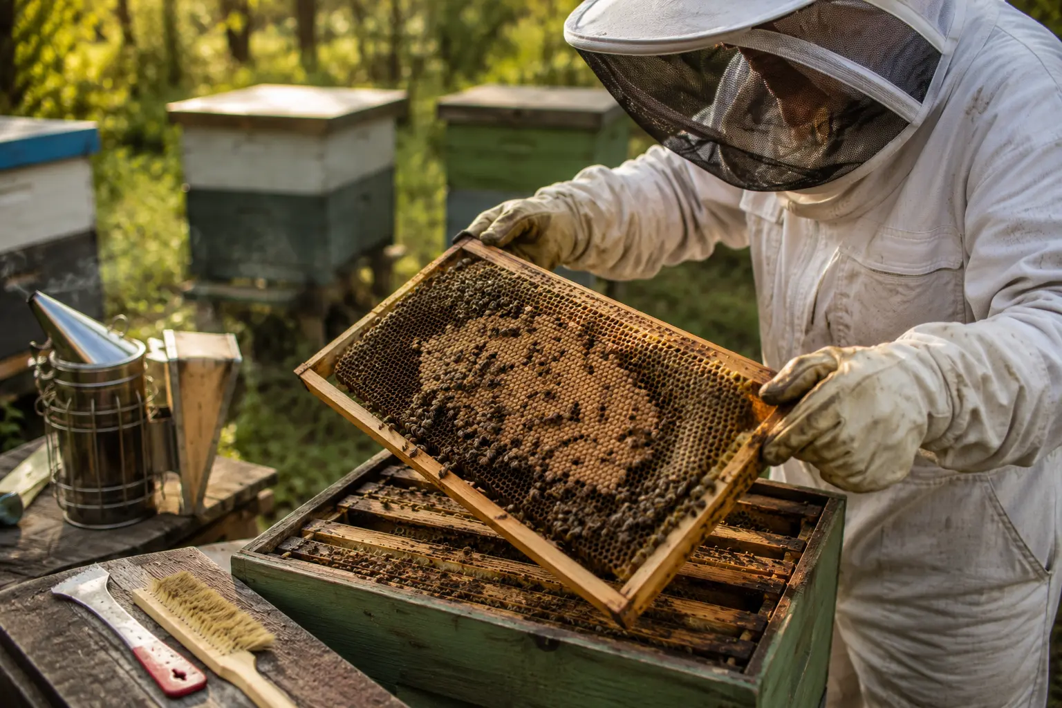 Beekeeper inspecting a hive for common colony problems, brood issues and signs of hive stress