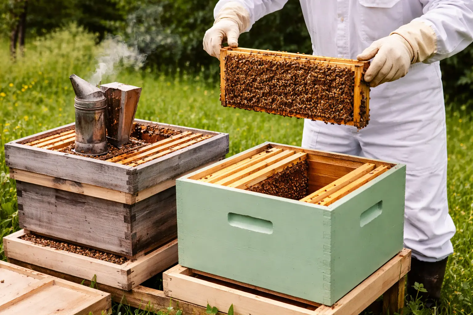 Beekeeper splitting a hive into two boxes in a UK apiary