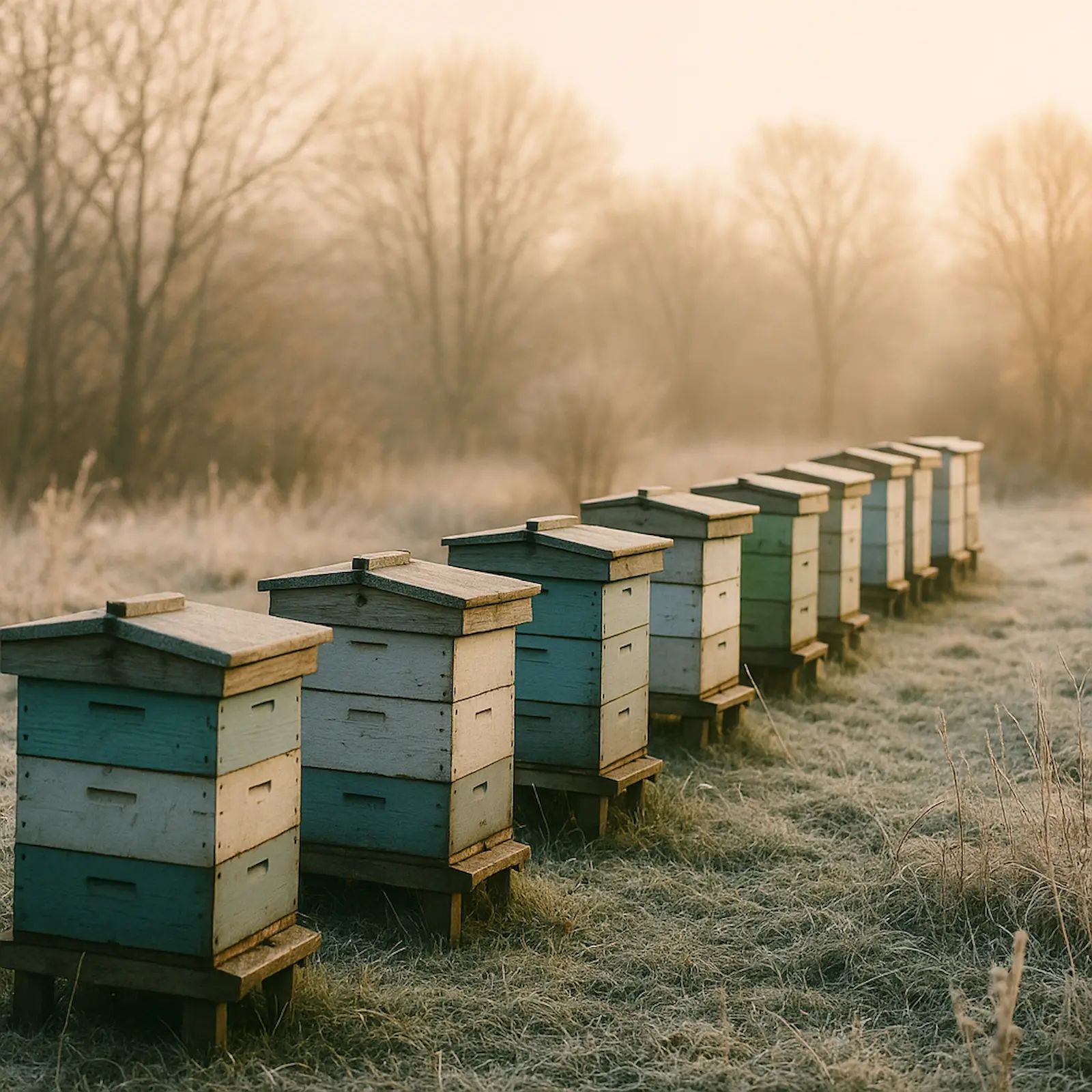 Row of beehives in a late winter UK apiary used for February beekeeping tasks